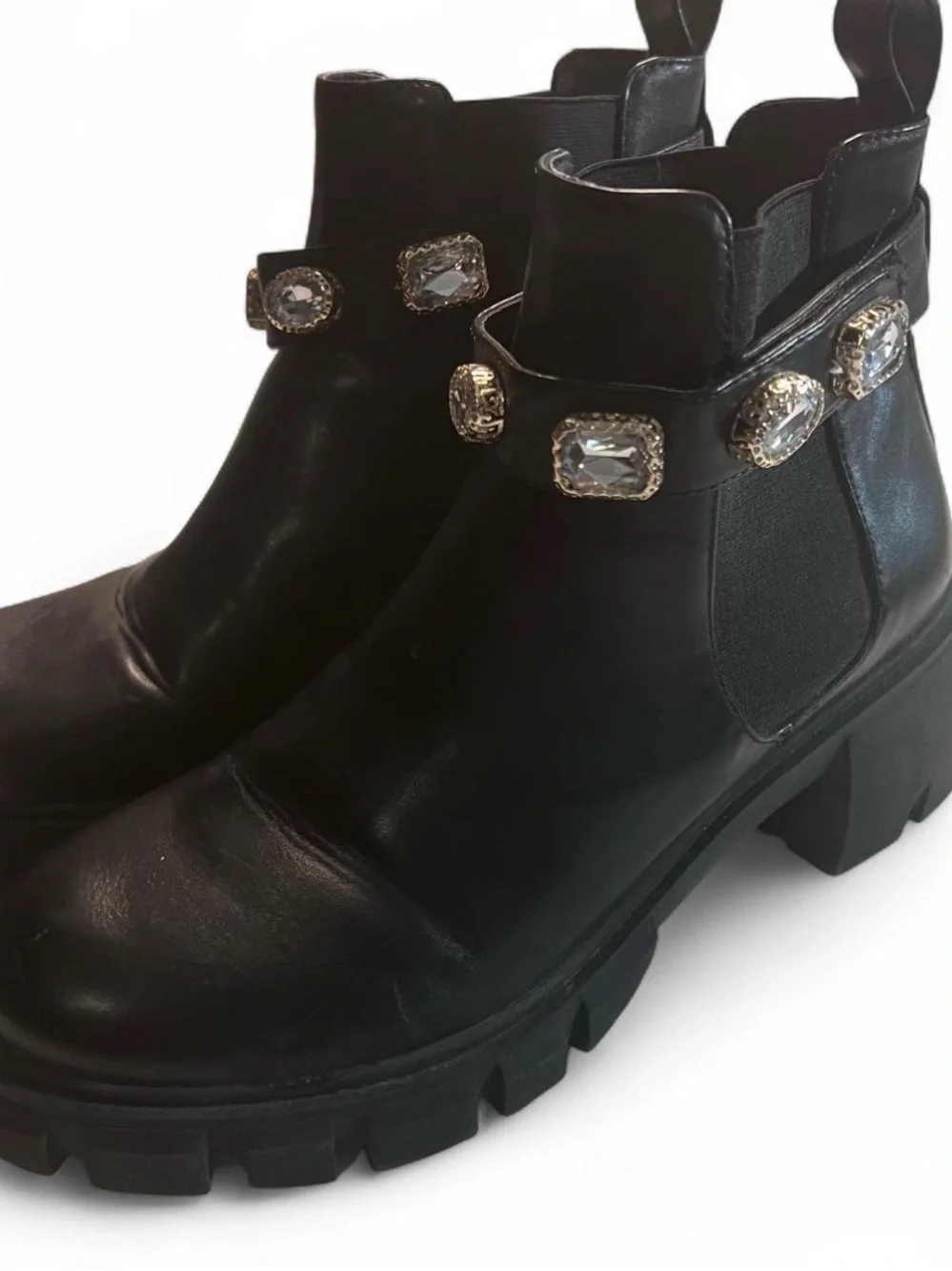 Madden Girl Black Chunky Chelsea Booties with Crystal Strap